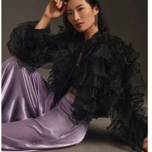 NEW Anthropologie  Eva Franco Black Organza ruffle bomber jacket, 12. PG1069